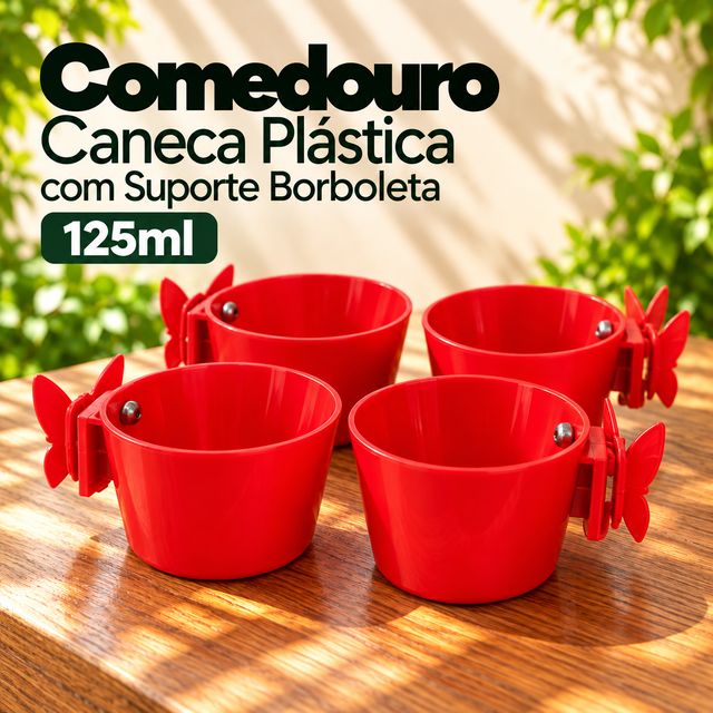 Comedouro caneca plástica com suporte borboleta 125 ml